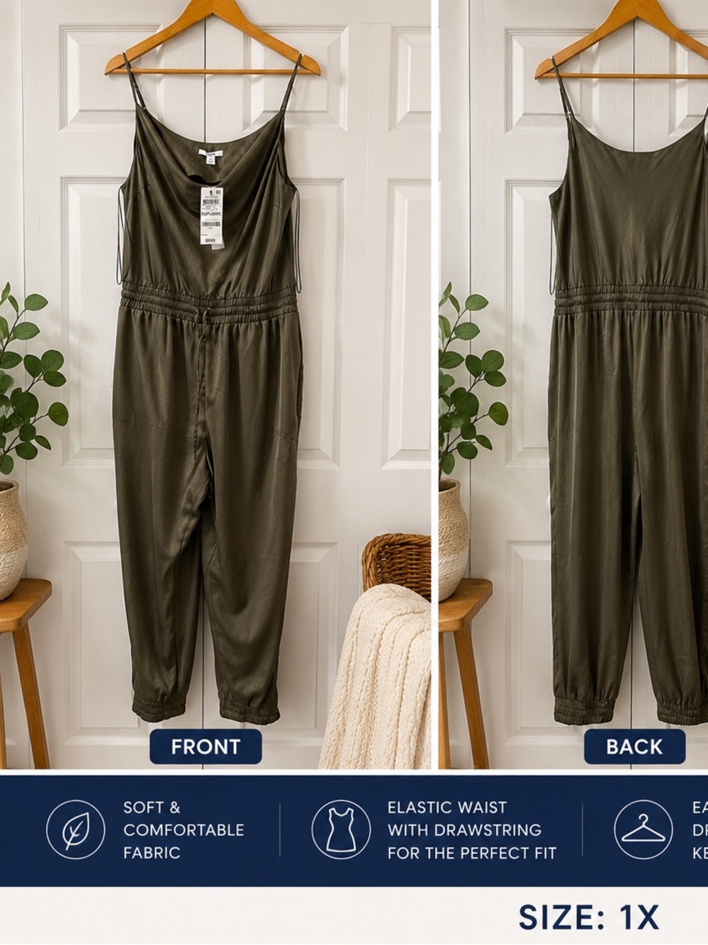 Bar III Olive Green Sleeveless Elastic-Waist Jumpsuit